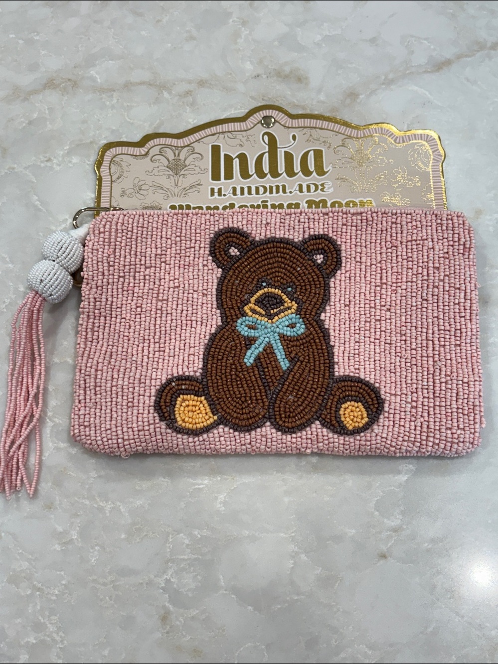 NWT Wandering Moon Pink Beaded Teddy Bear Wristlet Pouch